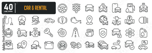 Set of Car and Rental Line Icons Showcasing Services Like Car Maintenance, Emergency Assistance, and Navigation, With an Emphasis on Safety, Insurance, and Auto Repair Facilities