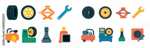 Set of car service icons representing mechanical maintenance or auto repair tools and equipment on white background for design project