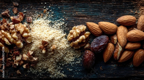 Roughly chopped walnuts and almonds on dark wooden surface
