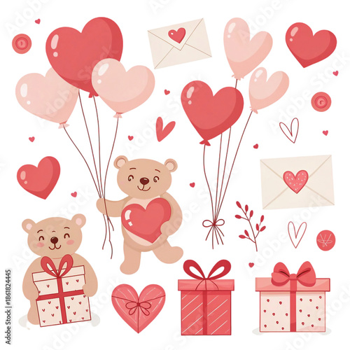 Valentine Balloon and Gift Elements Bundle with Hearts and Love Icons Isolated on White