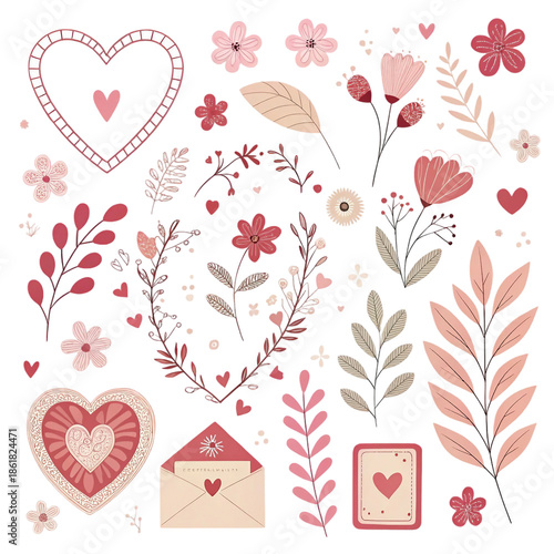 Soft Aesthetic Valentine Love Elements with Hearts and Floral Icons Isolated on White