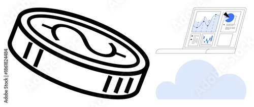 Finance, analytics, cloud technology, digital economy, investment insights, fintech innovation. A dollar coin, graph charts on a computer and a cloud. Finance and analytics concept