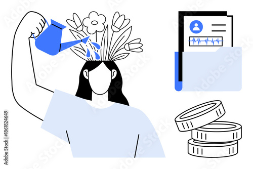 Mental health, personal finance, healthcare records, growth mindset, self-care, productivity. Person watering flowers on head, coins and document folder. Mental health and personal finance concept