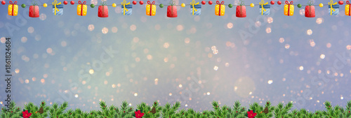 Christmas Garland Background with Hanging Gift Boxes, Pine Branches and Bokeh Copy Space