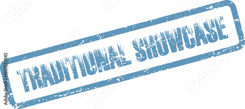 Official blue grunge rubber stamp marking a traditional showcase display or exhibition event