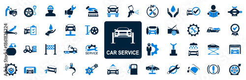 Set of Car Service Vector Icons With Blue Theme Featuring Automotive Maintenance Repair and Inspection Elements Isolated in White Exactly 200 Characters