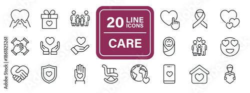 Set of Care Line Icons for Health and Medical Design Vector Illustration on White Background Exactly 200 Characters