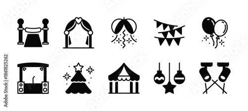 Set of celebration event icons for party stage decoration design element on isolated white background in simple style design vector