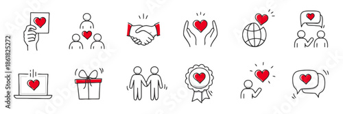 Set of Charity and Donation Doodle Icons as Symbols for Humanity and Kindness Love Care Outline Hand Drawn Sign Pictogram or Fundraising Support Elements