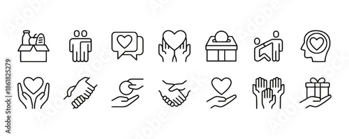 Set of charity and donation icons representing support and volunteering