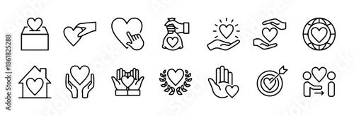 Set of Charity and Donation Icons in Outline Style Collection of Giving Help Philanthropy Fundraising and Volunteer Vector Illustration of Support and Kindness