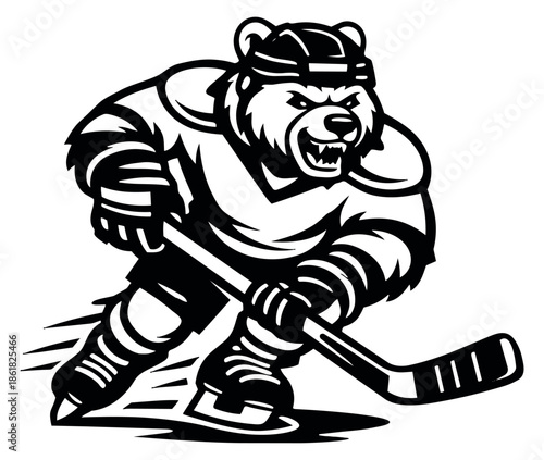 Bold line art illustration of a bear hockey player depicting an aggressive stance with a stick for sports team branding