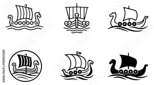 Stylized Viking ship icon set featuring various longship designs for historical and nautical themes
