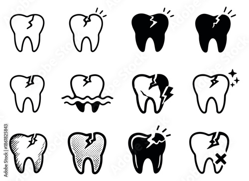 Stylized tooth icons set featuring cracked and damaged teeth for dental health and oral care
