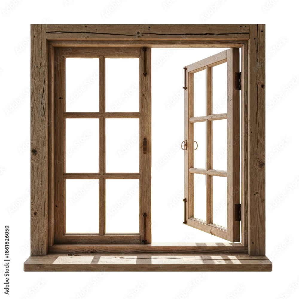 Fototapeta premium Open Rustic Wooden Window Frame Black Background