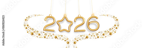 2026 New Year Golden Hanging Numbers with Star Ornament, Transparent Background