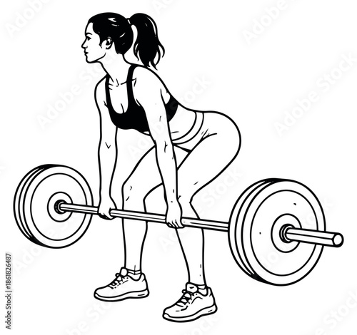 Hand drawn line art illustration of a woman depicting a deadlift for fitness training
