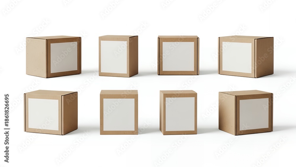 Obraz premium Small Kraft Cardboard Boxes with Blank White Labels on White Background