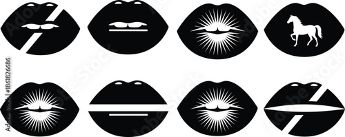 Abstract black lips silhouette icon set with artistic cutouts symbols and surreal elements for fashion beauty branding design illustration