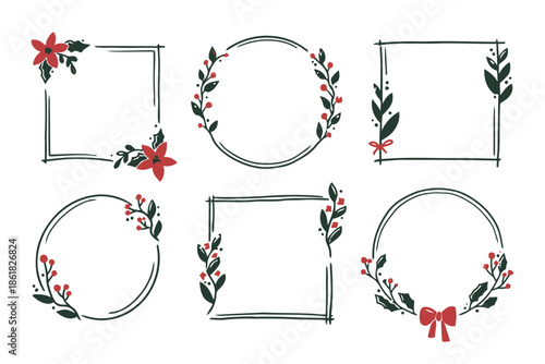 Set of christmas floral frames with poinsettia and holly berries, hand drawn festive borders for greeting cards invitations and holiday decorations