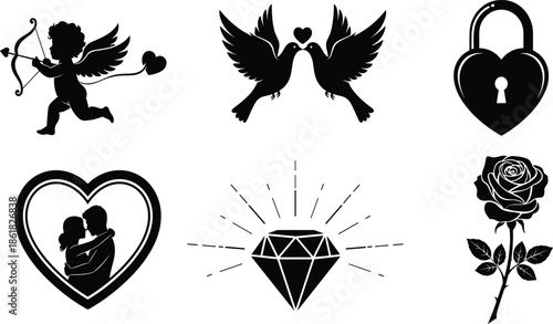 Romantic love silhouette icon set with cupid birds heart lock couple diamond and rose symbols for wedding valentine design