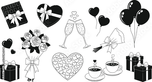 Romantic Valentine celebration icon set with gifts flowers balloons champagne hearts coffee for love wedding holiday illustration design