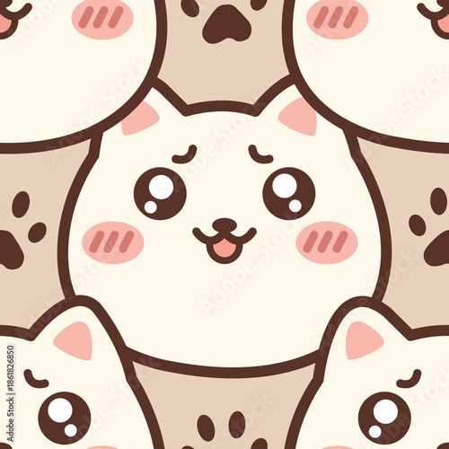 Canvas Print Kawaii bashful cat seamless pattern with shy blushing face and paws