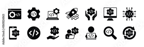 Set of Coding Icons Vector Illustration in Flat Style Programming Sign Symbol Development Vector Icon Isolated Software Engineer App Design Technology Code Script