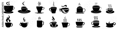 Set of coffee cup vector icon with steam espresso latte cappuccino mocha americano hot drinks beverage