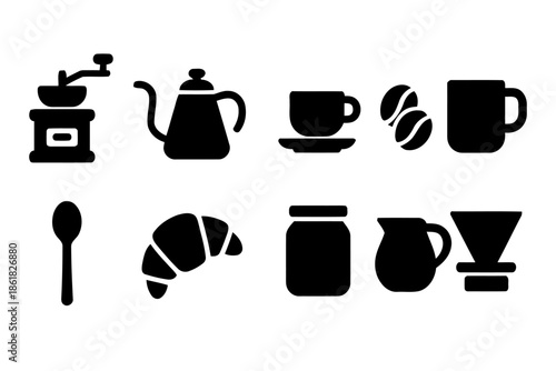 Set of coffee tools and food icons in black color on white background a collection of essential elements for enjoying coffee and a croissant pastry