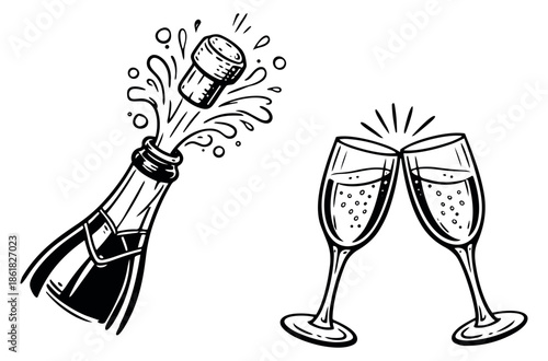 Hand drawn line art champagne set featuring a bottle popping its cork and two flutes clinking for celebration