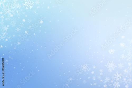 Winter background with white pattern of falling snowflakes. Vector light blue holiday sky with frosty crystals and stars. Christmas decorative border.
