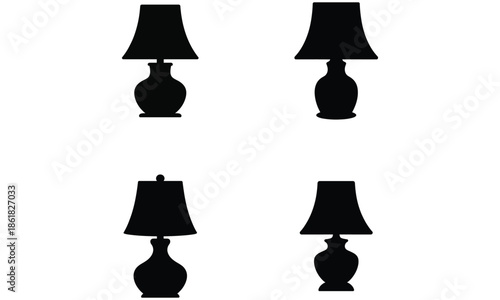 Table lamp silhouette icons, home lighting furniture symbols
