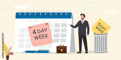 4 Day Work Week. Prioritise working smarter to produce better. Four day model for happy male employee. Reduce working day to increase efficiency and productivity.