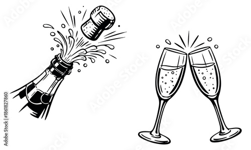 Hand drawn line art celebration set featuring a champagne bottle popping and two toasting flutes for festive events