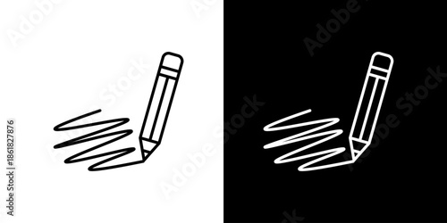 Simple icon illustration of a pencil drawing a scribble on a white and black background, vector art