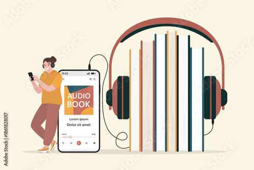 Headphones with wire, Row of books, modern cellphone with audio book application. Online library app on display. Woman user listening audiobooks on mobile phone,