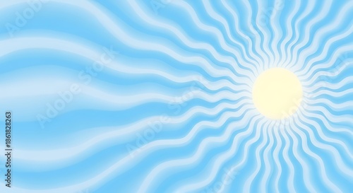 An abstract design features a bright yellow orb surrounded by wavy light blue lines, set against a lighter blue gradient