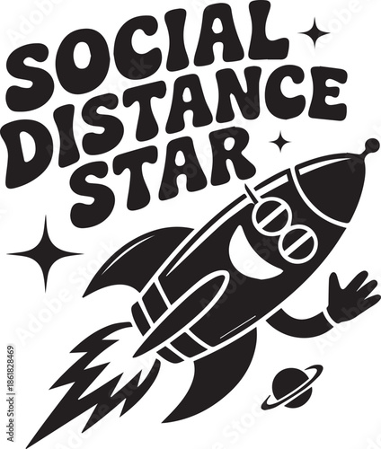 Social distance star rocket with cartoon character design vector