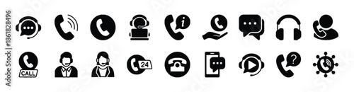 Set of Contact Center Icons in Filled Style Isolated on White Background Customer Service Support Call Helpdesk Operator Headset Telephone and Communication Vector Illustration