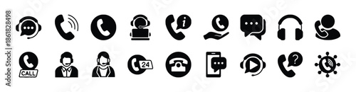 Set of Contact Center Icons in Glyph Style Isolated on White Background Customer Service Support Call Helpdesk Operator Headset Telephone and Communication Vector Illustration