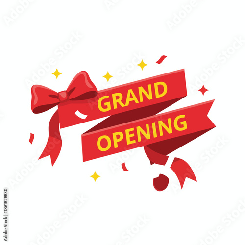 A celebratory icon, red ribbon and bow, "GRAND OPENING" yellow text, confetti, stars