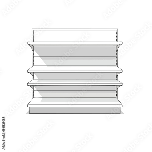 A grayscale illustration of a retail shelving unit, with four shelves and a header
