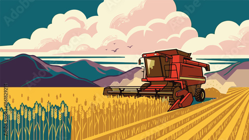 Combine harvester at work in a golden wheat field under a cloudy sky
