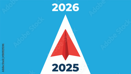 Paper airplane flying from year 2025 to 2026, symbolizing future progress