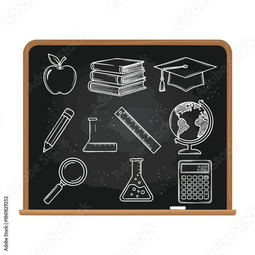 Black school board with white line drawings of learning tools