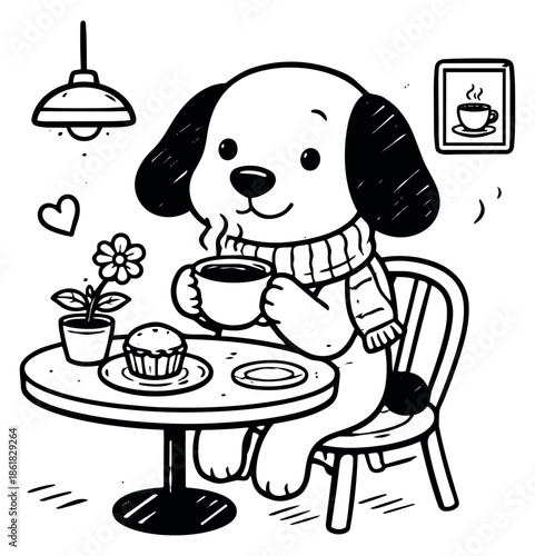 Hand drawn line art illustration of a cute dog depicting enjoying coffee and a cupcake at a cafe table for a cozy moment