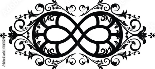 Elegant infinity symbol silhouette with vintage floral scrollwork flourishes and decorative filigree curls for eternal love or wedding art.