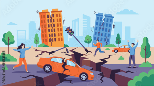 City hit by earthquake, cracked ground, damaged buildings, and fleeing people