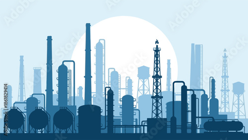 Industrial refinery complex with flare stack and storage tanks silhouette